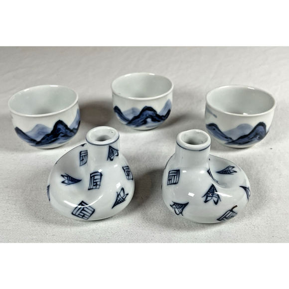 Sake Set 3 Ochoko Cup 2 Tokkuri Bottle Blue White Porcelain Japanese +Chopsticks - Picture 2 of 10